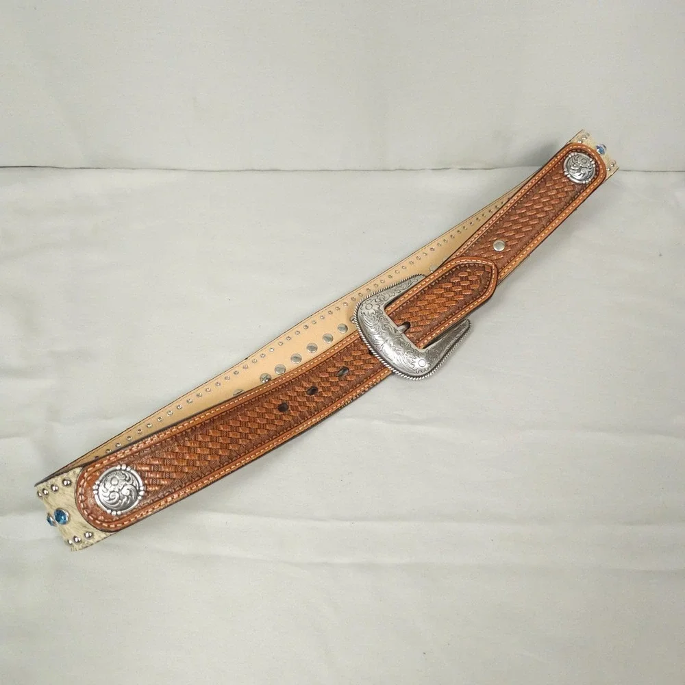 Nocona Western Belt Men 34 Leather Hair On Hide Studded Blue Crystal Concho
